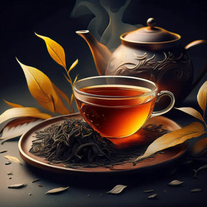 A black backdrop highlights a brown clay teapot, a saucer with loose black tea, a glass teacup, and gold-toned leaves adding a touch of brightness.
