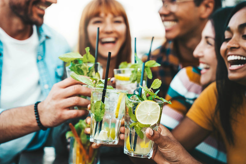 A group of smiling people clinking glasses with fancy drinks the have fresh fruit and herbs in them.