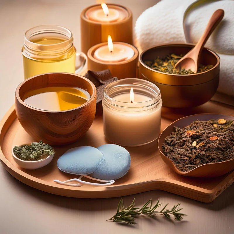 A relaxing scene with candles, loose leaf teas, stones, and massage oils with spa towels in the background.