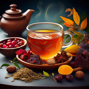 A glass mug filled with steaming tea. In the back left corner is a brown clay teapot. Around the mug are berries, herbs and spices.