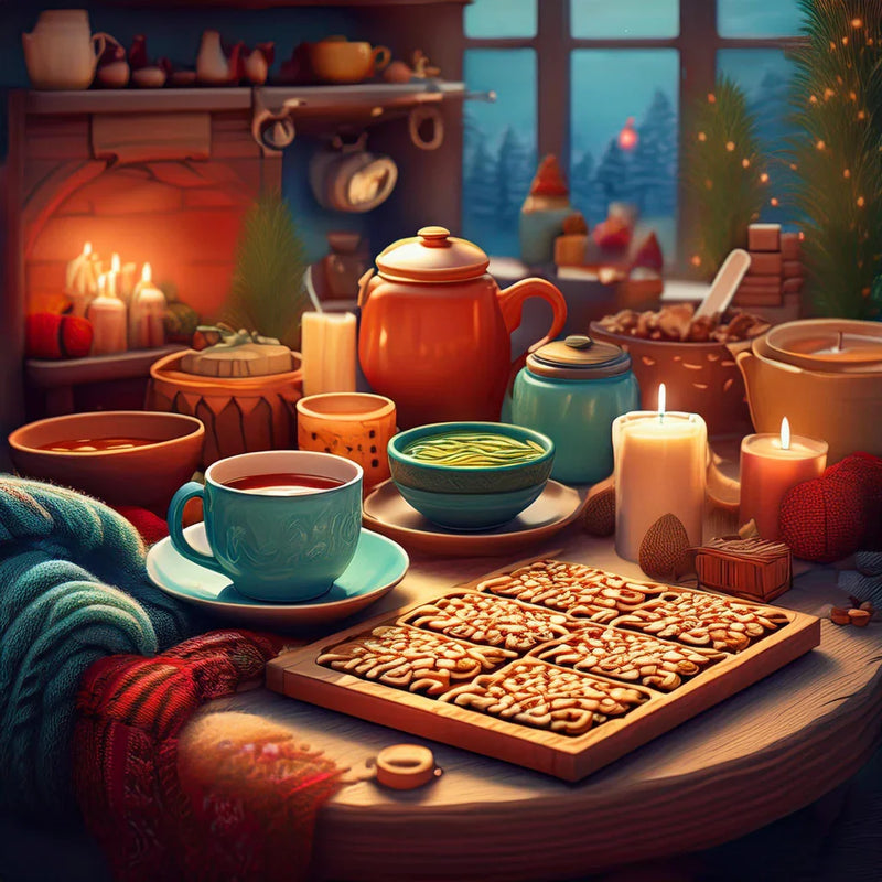 An illustration of a cozy scene with a fireplace in the background next to a window into a forest. In the foreground in a table with candles, soup, tea and more.
