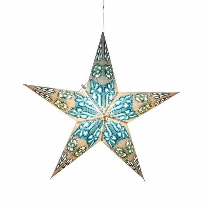 Pippa 5 Point 24" White / Turquoise Paper Star Lantern Light