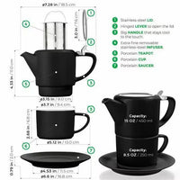 Black Tea for One Porcelain Teapot Cups Saucer Set 15 fl. oz