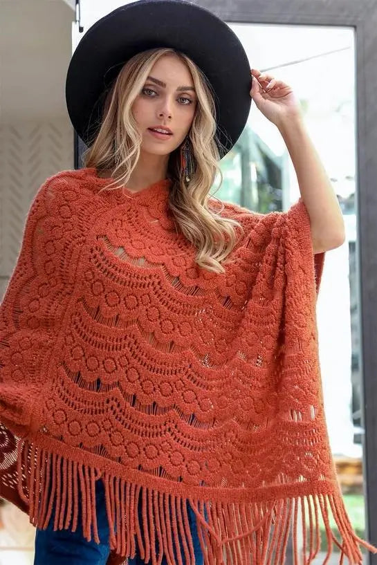 Scallop Lace Poncho - Boho Knit Wrap