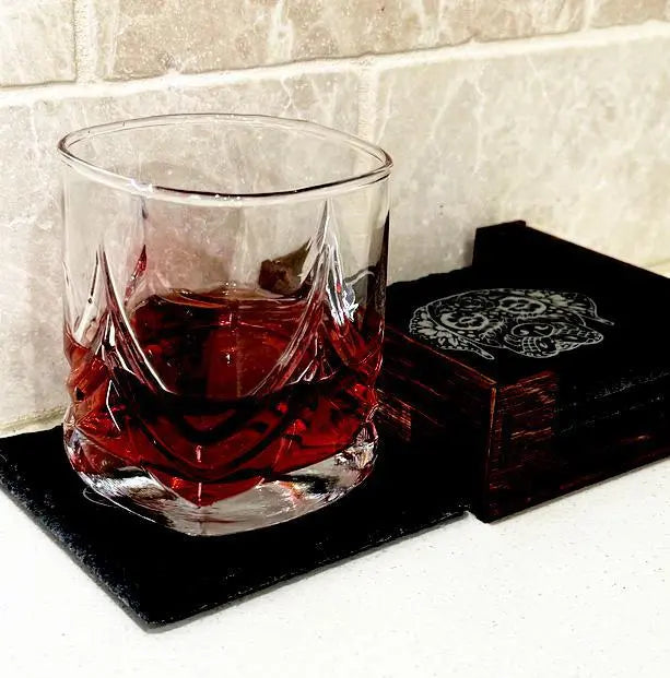 Set Of 4 Slate Coasters With Wood Stand Fossils Gift