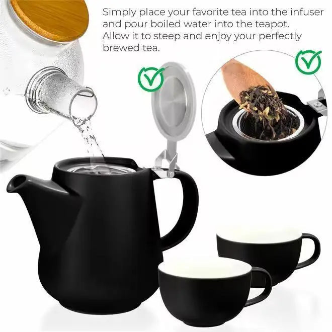 Black Tea for Two Porcelain Teapot & 2 Cups Set 27 fl. oz