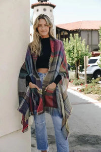 Multicolor Fuchsia Plaid Pocket Ruana