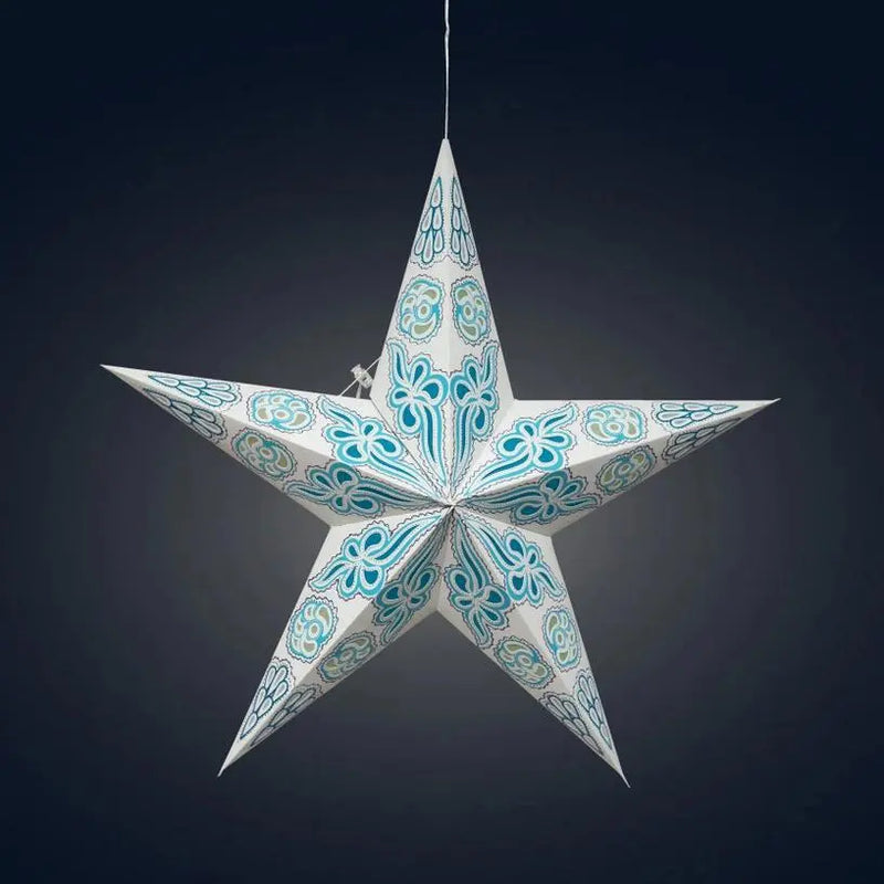 Pippa 5 Point 24" White / Turquoise Paper Star Lantern Light