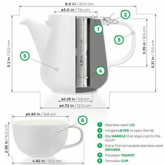 White Tea for Two Porcelain Teapot & 2 Cups Set 27 fl. oz