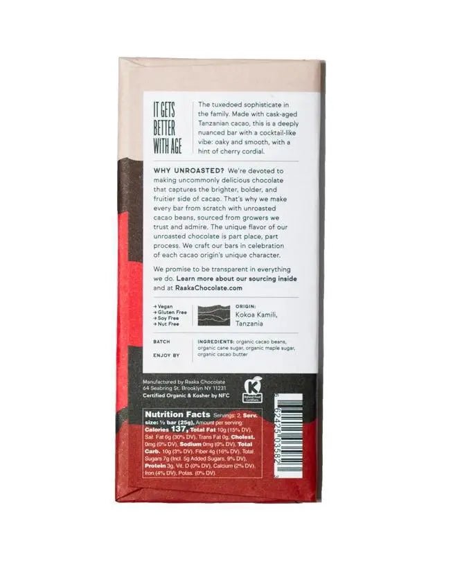 82% Bourbon Cask Aged Chocolate Bar - My SensibiliTeas - dark chocolate from Raaka Chocolate