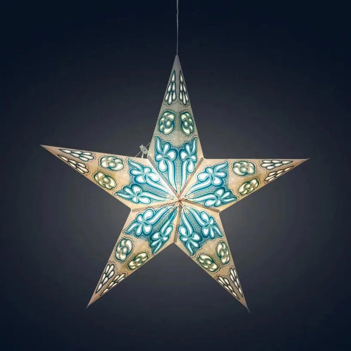 Pippa 5 Point 24" White / Turquoise Paper Star Lantern Light