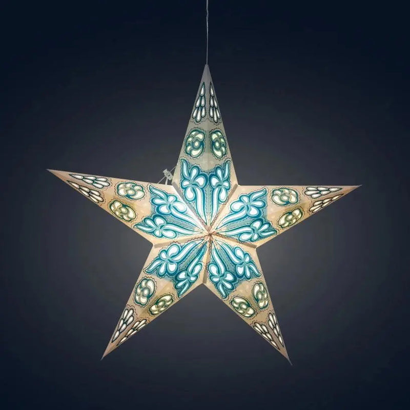 Pippa 5 Point 24" White / Turquoise Paper Star Lantern Light