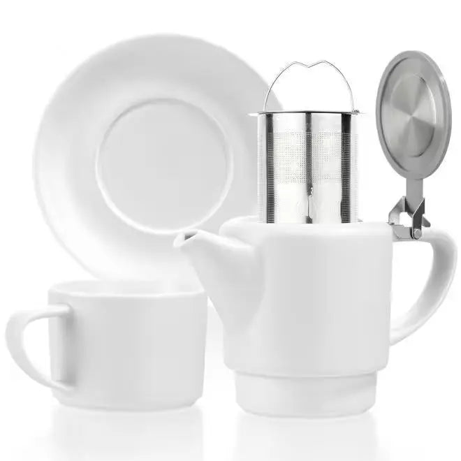 White Tea for One Porcelain Teapot Cups Saucer Set 15 fl. oz