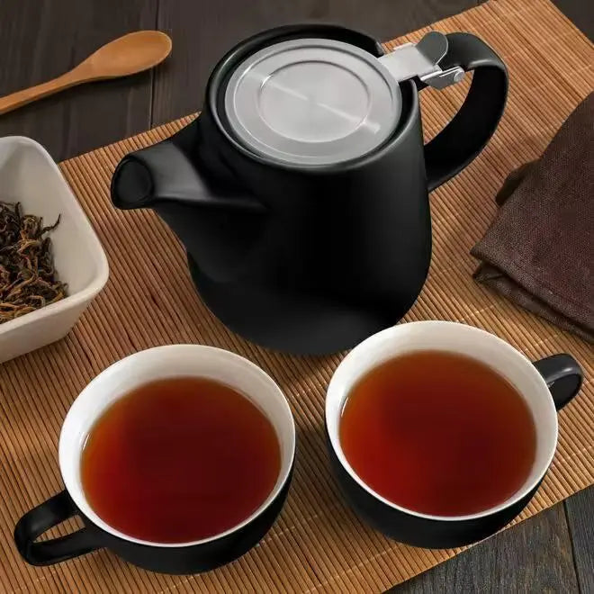 Black Tea for Two Porcelain Teapot & 2 Cups Set 27 fl. oz