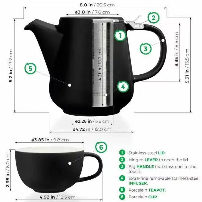 Black Tea for Two Porcelain Teapot & 2 Cups Set 27 fl. oz - My SensibiliTeas - tea service from Tealyra