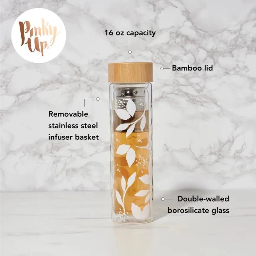Blair White Leaf Glass Travel Infuser Mug - My SensibiliTeas - feminine travel mug from Pinky Up