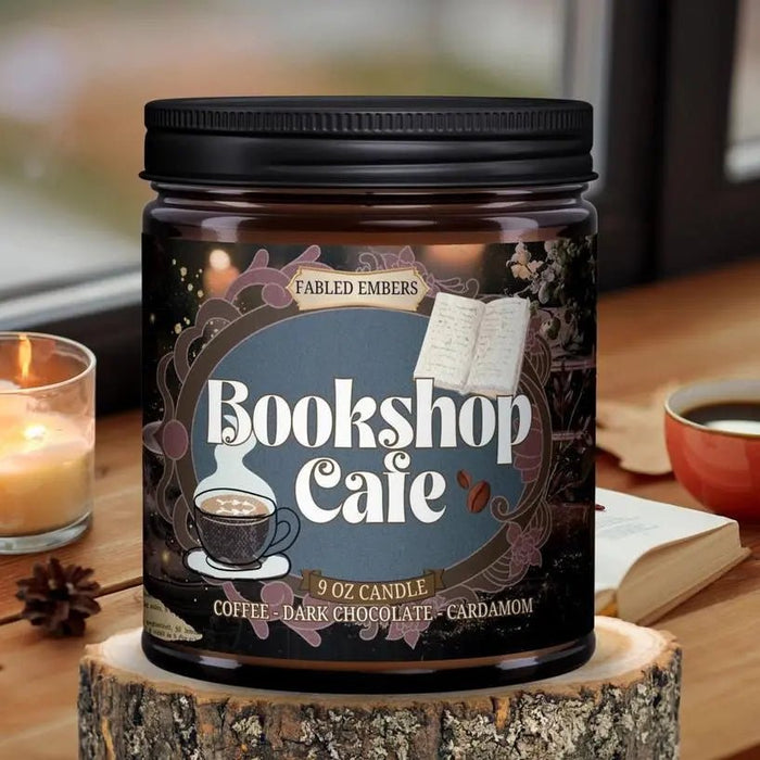 Bookshop Cafe 9 oz Coffee Scented Book Lovers Coconut Soy Candle - My SensibiliTeas - bookish candle from Faded Embers