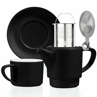 Black Tea for One Porcelain Teapot Cups Saucer Set 15 fl. oz