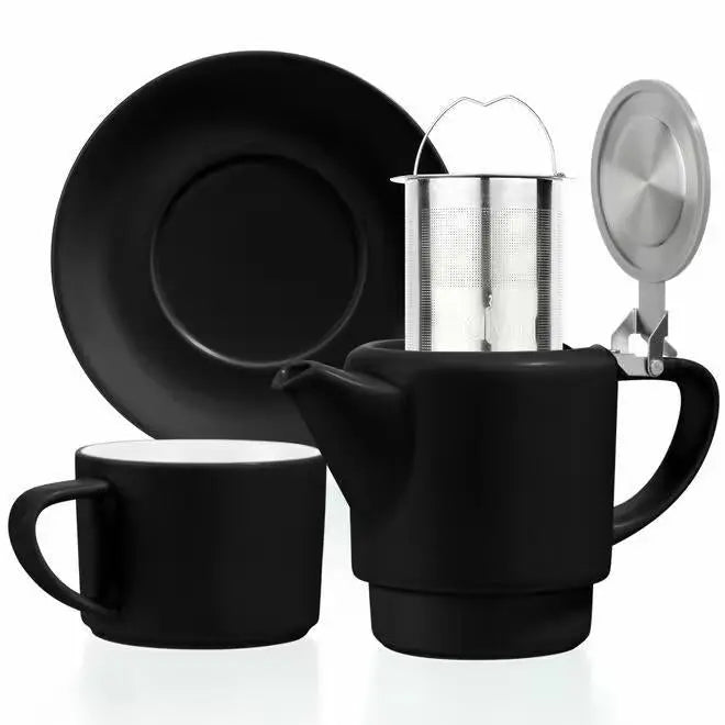 Black Tea for One Porcelain Teapot Cups Saucer Set 15 fl. oz
