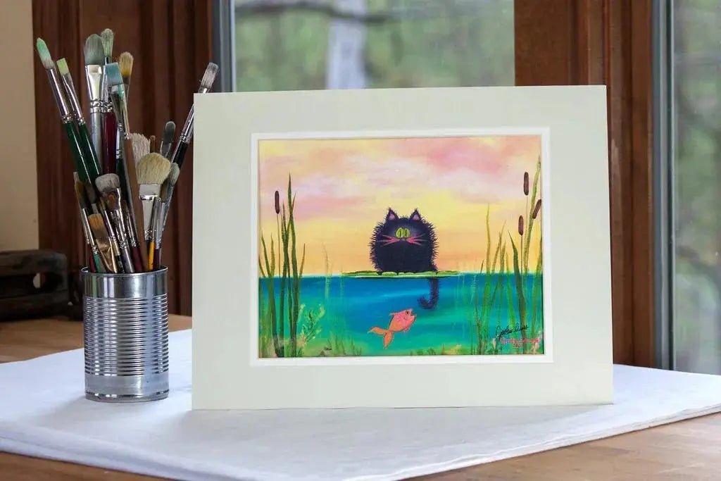 Cat Fishing Matted Print - My SensibiliTeas - Cat Art Print from Cranky Cat Collection
