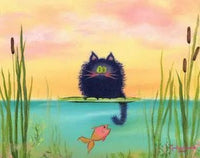 Cat Fishing Matted Print - My SensibiliTeas - Cat Art Print from Cranky Cat Collection