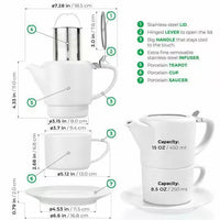 White Tea for One Porcelain Teapot Cups Saucer Set 15 fl. oz