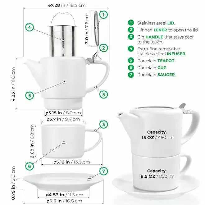 White Tea for One Porcelain Teapot Cups Saucer Set 15 fl. oz
