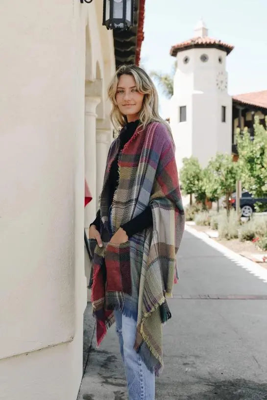 Multicolor Fuchsia Plaid Pocket Ruana