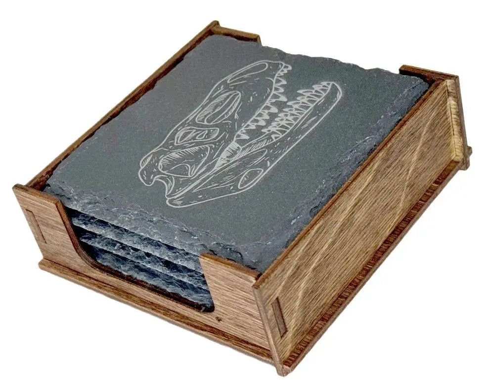 Set Of 4 Slate Coasters With Wood Stand Fossils Gift
