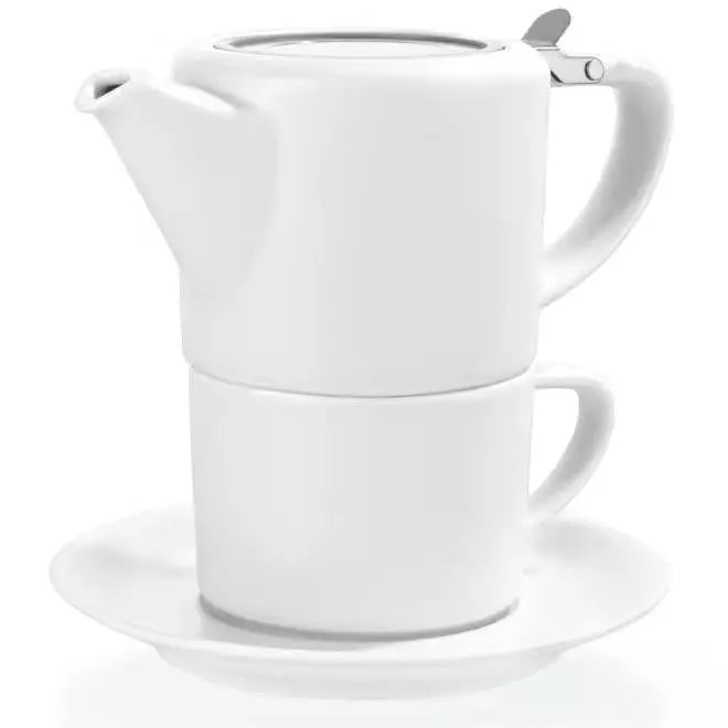 White Tea for One Porcelain Teapot Cups Saucer Set 15 fl. oz