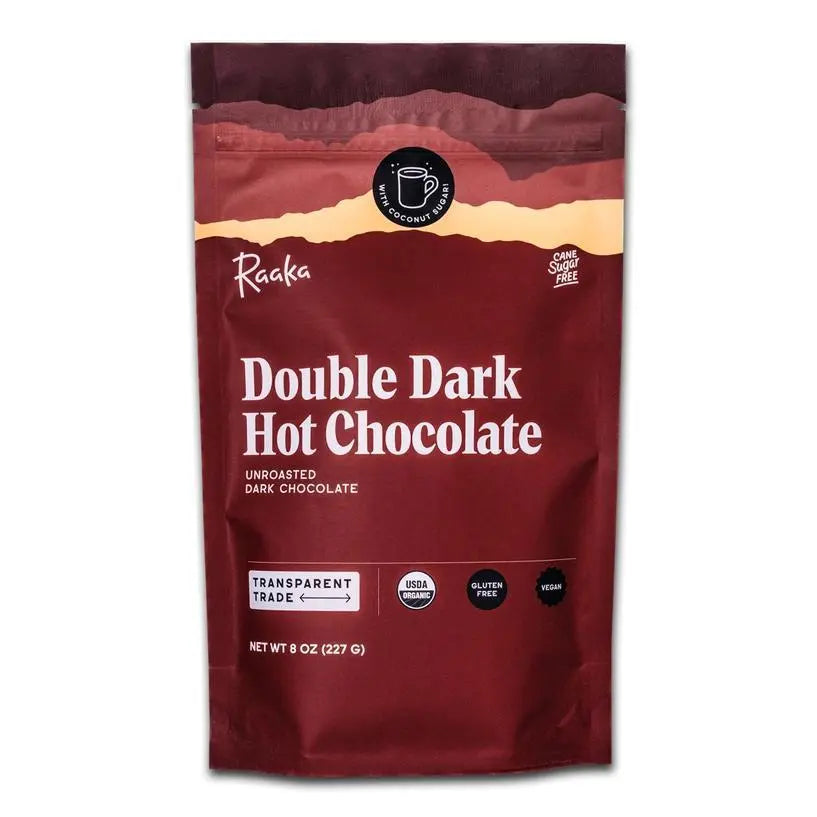 Red package of Raaka Double Dark Hot Chocolate on a white background
