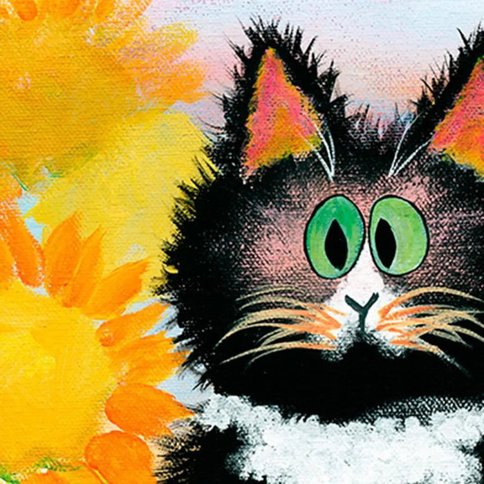 Tuxedo Cat Sunflowers Matted Print - My SensibiliTeas - Cat Art Print from The Cranky Cat Collection