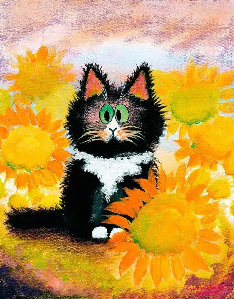 Tuxedo Cat Sunflowers Matted Print - My SensibiliTeas - Cat Art Print from The Cranky Cat Collection