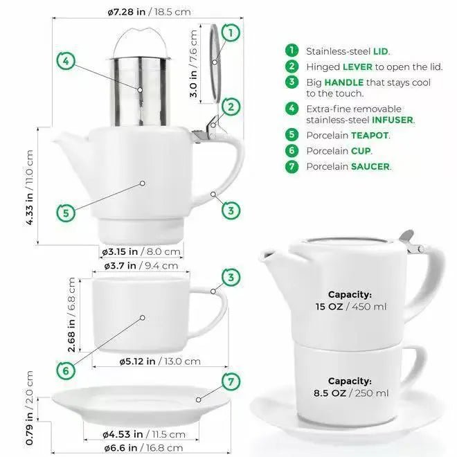 White Tea for One Porcelain Teapot Cups Saucer Set 15 fl. oz - My SensibiliTeas - teaware from Tealyra